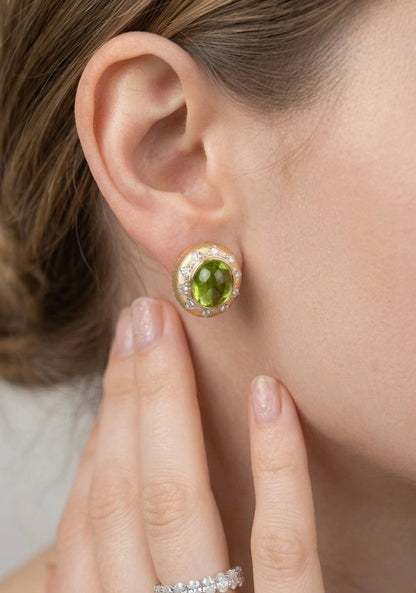 Peridot Cabochon and Natural Diamond Halo Earrings, 18K Gold