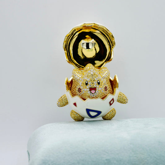 Togepi Pokemon Egg Pendant Necklace 3D Opening Locket, Pavé Moissanite 18K Gold, Enamel Anime Jewelry Gift, Hatching Togepi Charm