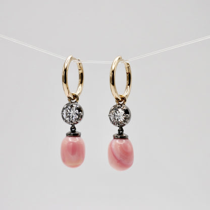 Hoop Earrings with Round Lab Diamonds and Conch Pearls, view 2