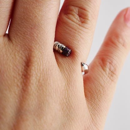 Platinum Pencil Ring With Baguette Moissanites and Pink Lab Rubies, view 6