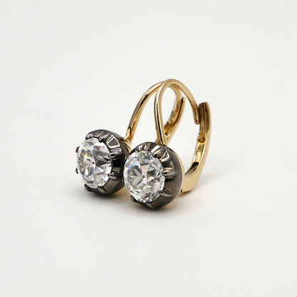 Round Moissanite Georgian Victorian Gold Earrings, 14K Gold, view 2