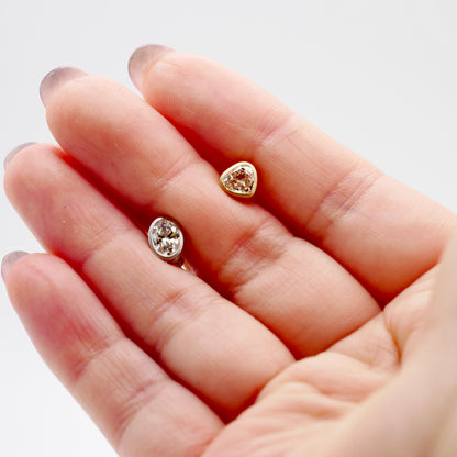 Mismatched Champagne Heart and White Oval Lab Diamond Bezel Studs in 14K or 18K Matte Gold