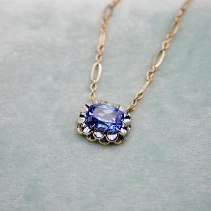 Elongated Cushion Lab Grown Sapphire Gold Trombone Chain Necklace, 18K Gold, view 6