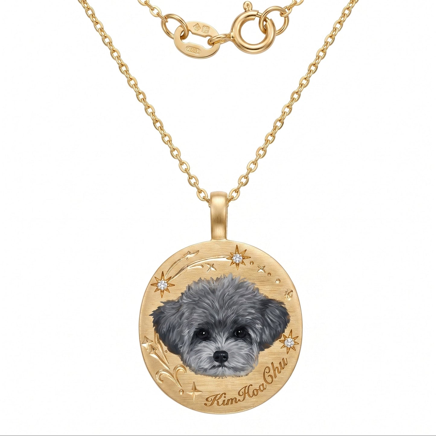 Custom pet portrait pendant, hand painted enamel in solid gold