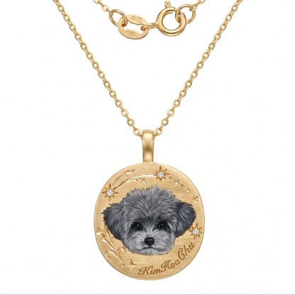 Custom pet portrait pendant, hand painted enamel in solid gold