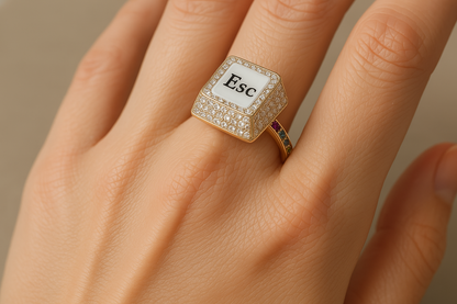 Esc Keyboard Button Ring with Moissanites, 14K Gold, view 2