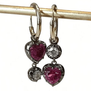 Heart Shaped Ruby and Round Moissanite Georgian Victorian Gold Earrings