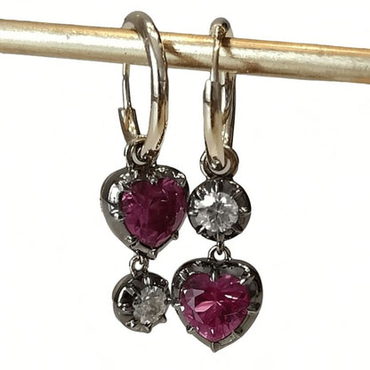 Heart Shaped Ruby and Round Moissanite Georgian Victorian Gold Earrings