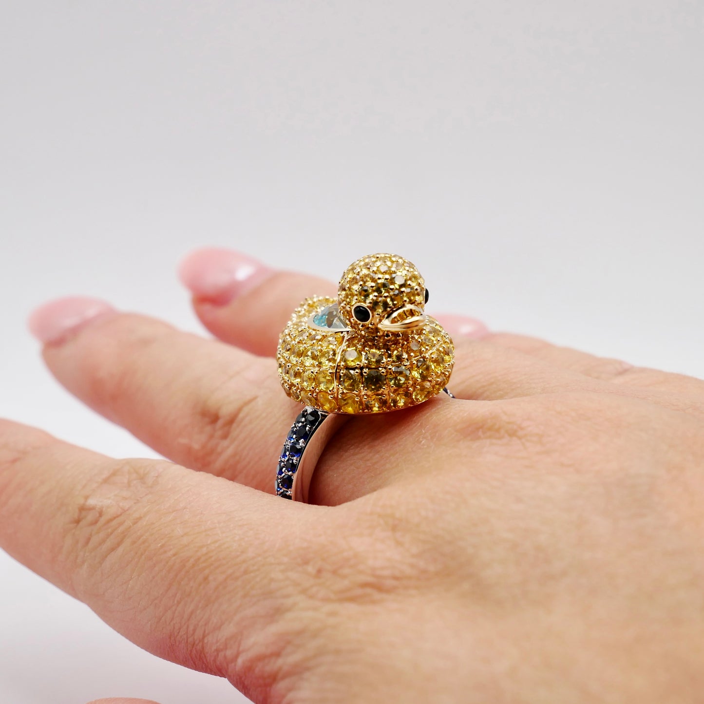 Aquamarine with Blue Sapphires Large Duckie Ring, 18K Gold