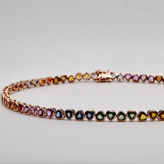 Solid Gold Multi Rainbow Heart Sapphire Tennis Choker Necklace