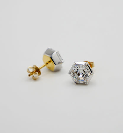 Georgian Victorian Hexagon Honeycomb Moissanite Stud Earrings, 18K Gold, view 2