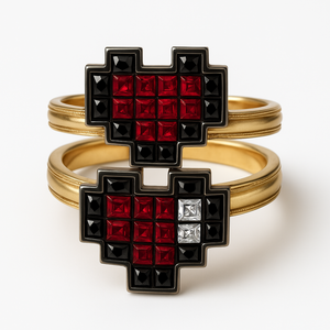 Pixel Heart Health Indicator Ring Stack with Lab Rubies and Moissanites