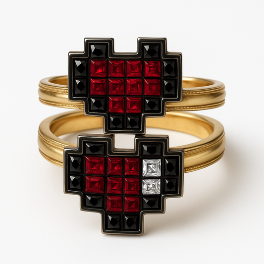 Pixel Heart Health Indiactor Ring Stack in 14K or 18K gold with Lab Rubies and Moissanites