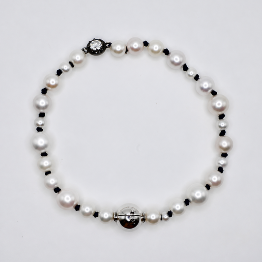 Graduated Freshwater Pearl Bracelet with Georgian Set Lab Diamond on Silk Cord