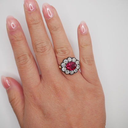 Lab Ruby and Diamond Cluster Ring in Georgian Collet Setting, view 10