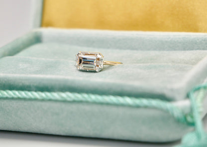 Georgian Victorian Emerald Cut Moissanite Button Back Collet Ring, White Gold, view 2