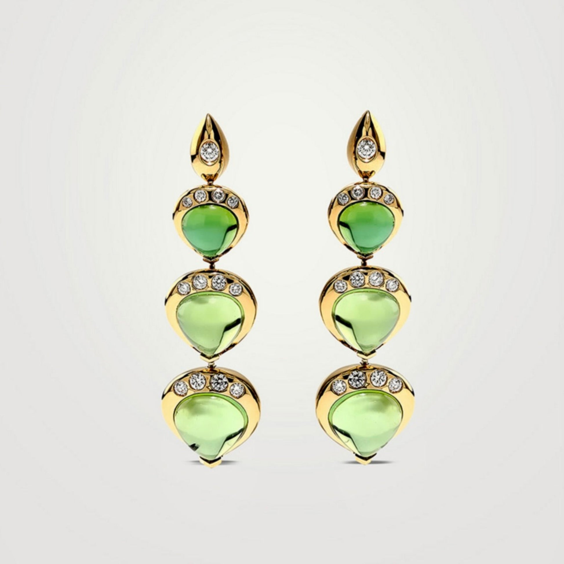 Pink Tourmaline Cabochon Pear Triple Drop Earrings | 18K Gold with Lab Diamonds | Statement Earrings | Cabochon Gemstone Jewelry | by Disco Marshmallow