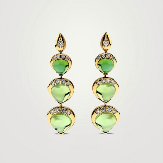 Pink Tourmaline Cabochon Pear Triple Drop Earrings | 18K Gold with Lab Diamonds | Statement Earrings | Cabochon Gemstone Jewelry | by Disco Marshmallow