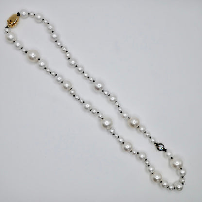 Graduated Freshwater Pearl Necklace with Georgian Set Lab Diamond on Silk Cord, view 2