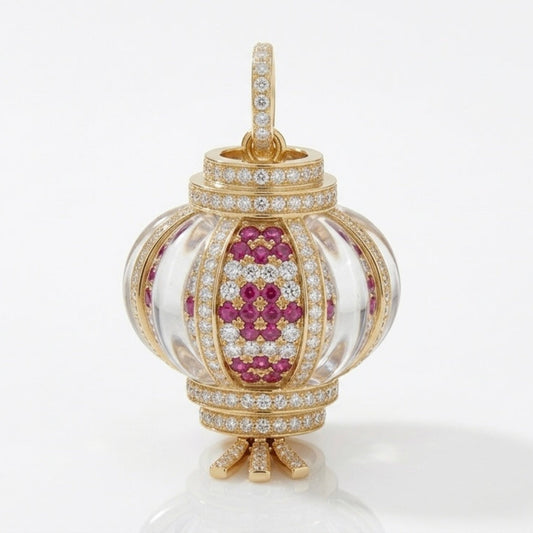 Lantern Pendant Charm 3D Pavé Moissanite Lab Ruby Crystal 18K Gold, Chinese Japanese Lantern Jewelry