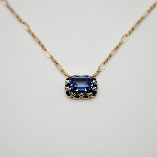 1.75 ct Lab Sapphire 18K Blackened and Yellow Gold Trombone Chain Necklace