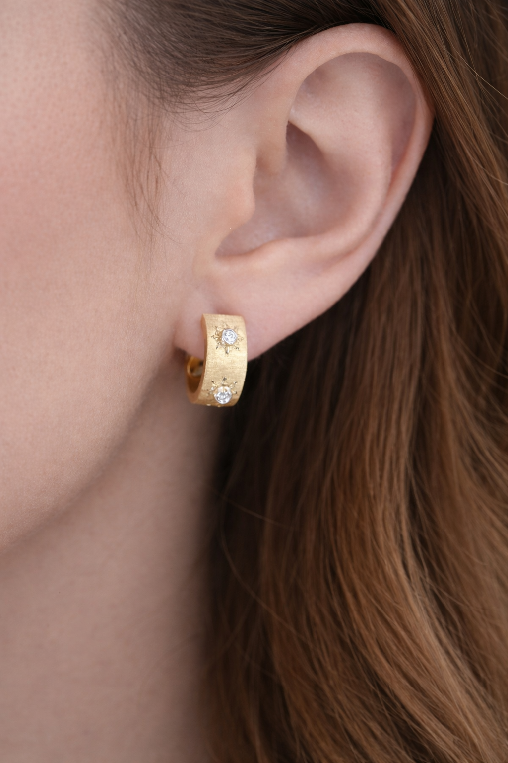 18K Gold Engraved Fabric Silk Diamond Huggies or Hoop Earrings | Buccellati style | Italian engraved gold jewelry | rigato technique | by Disco Marshmallow