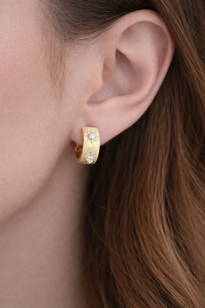 Engraved Fabric Silk Diamond Huggies or Hoop Earrings, 18K Gold, view 5