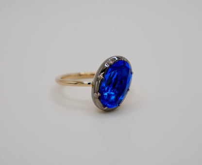 Georgian Victorian Oval Blue Sapphire Button Back Collet Ring, view 5