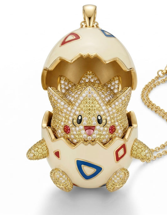 Togepi Pokemon Egg Pendant Necklace 3D Opening Locket, Pavé Moissanite 18K Gold, Enamel Anime Jewelry Gift, Hatching Togepi Charm