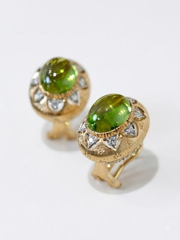 Peridot Cabochon and Natural Diamond Halo Earrings, 18K Gold