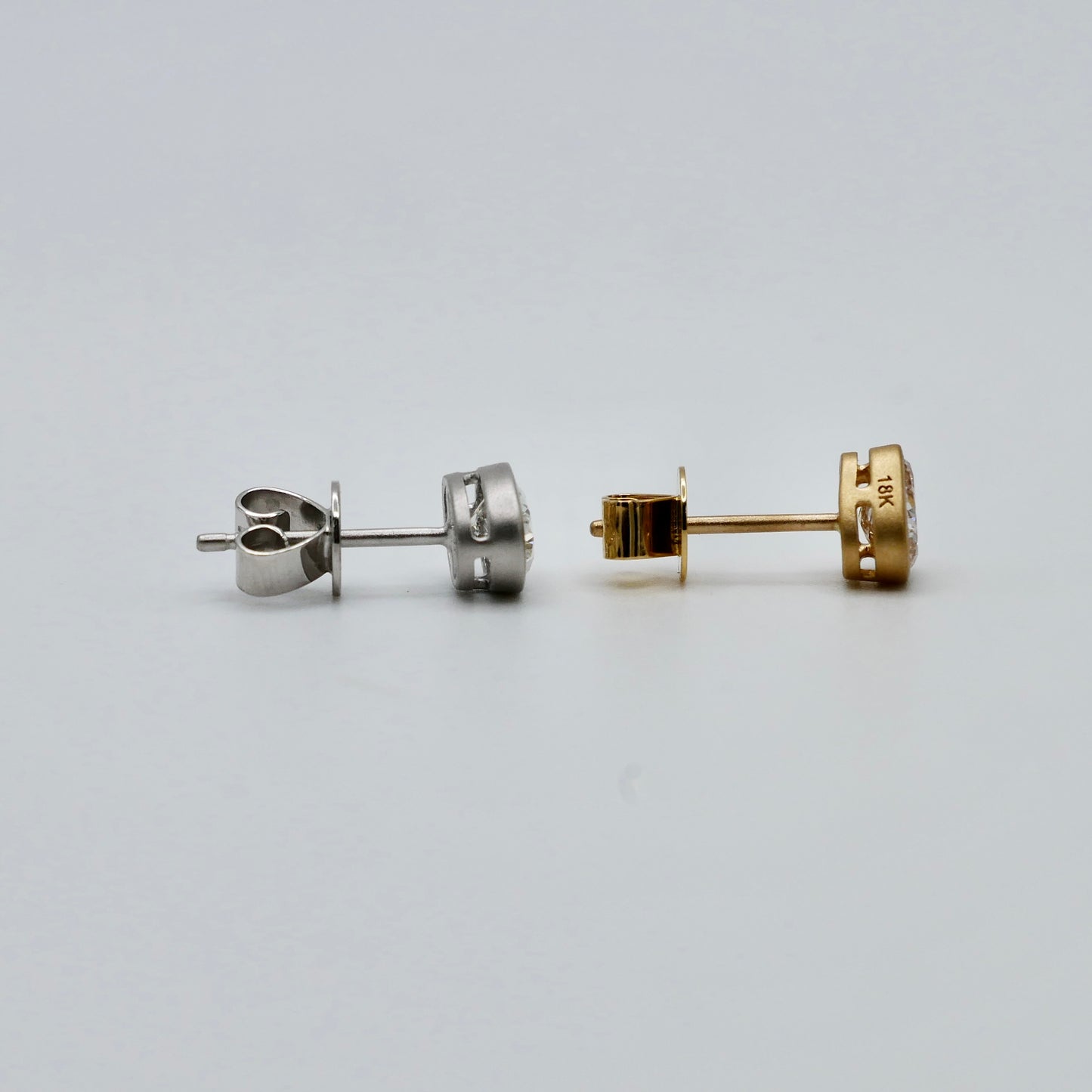 Mismatched Champagne Heart and White Oval Lab Diamond Bezel Studs in 14K or 18K Matte Gold