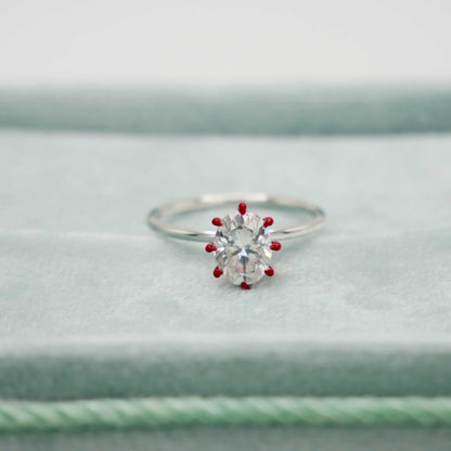 Oval Moissanite Ring with Red Enameled Claw Prongs in Red Gold - Unique Engagement Ring, 14K Gold, view 5