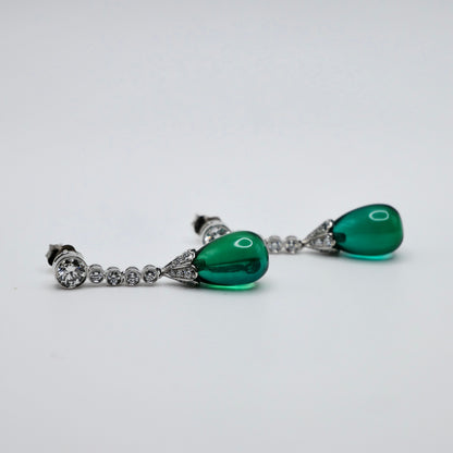 Platinum Drop Earrings with Tear Drop Lab Emeralds & Lab Diamond or Moissanites, view 5