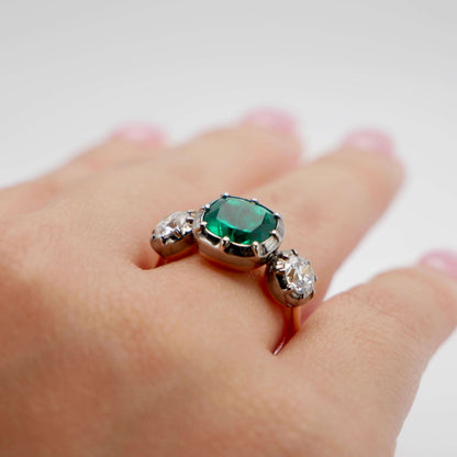 Cushion Emerald and Lab Diamond Georgian Victorian Collet Button Back Trilogy Ring, view 10