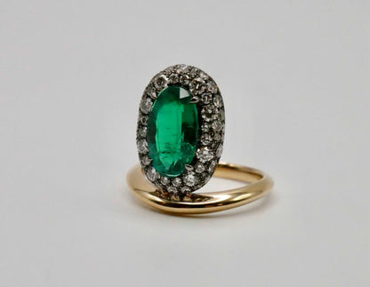 Oval Columbian Emerald Donut Ring with Pave Lab Diamonds, 18K Gold, view 3