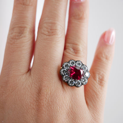 Lab Ruby and Diamond Cluster Ring in Georgian Collet Setting, view 9