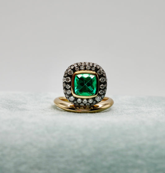 Cushion Emerald Donut Ring with Pave Diamonds, 18K Gold, view 2
