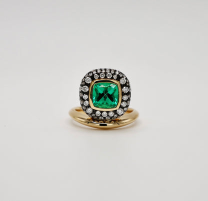 Cushion Emerald Donut Ring with Pave Diamonds, 18K Gold, view 6