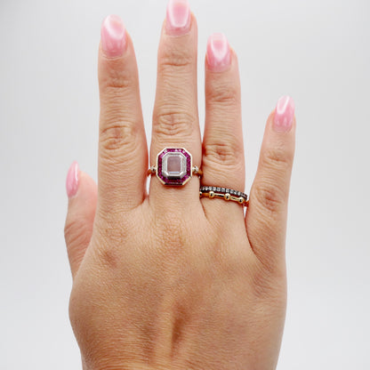 Portrait Cut Moissanite or Diamond Art Deco Ring with Caliber Cut Lab Grown Rubies, 14K Yellow Gold, view 6