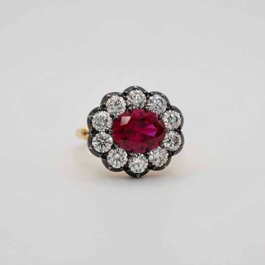 2.5ct Lab Ruby and Diamond Cluster Ring in Georgian Collet Setting, 18K Blackened and Yellow Gold
