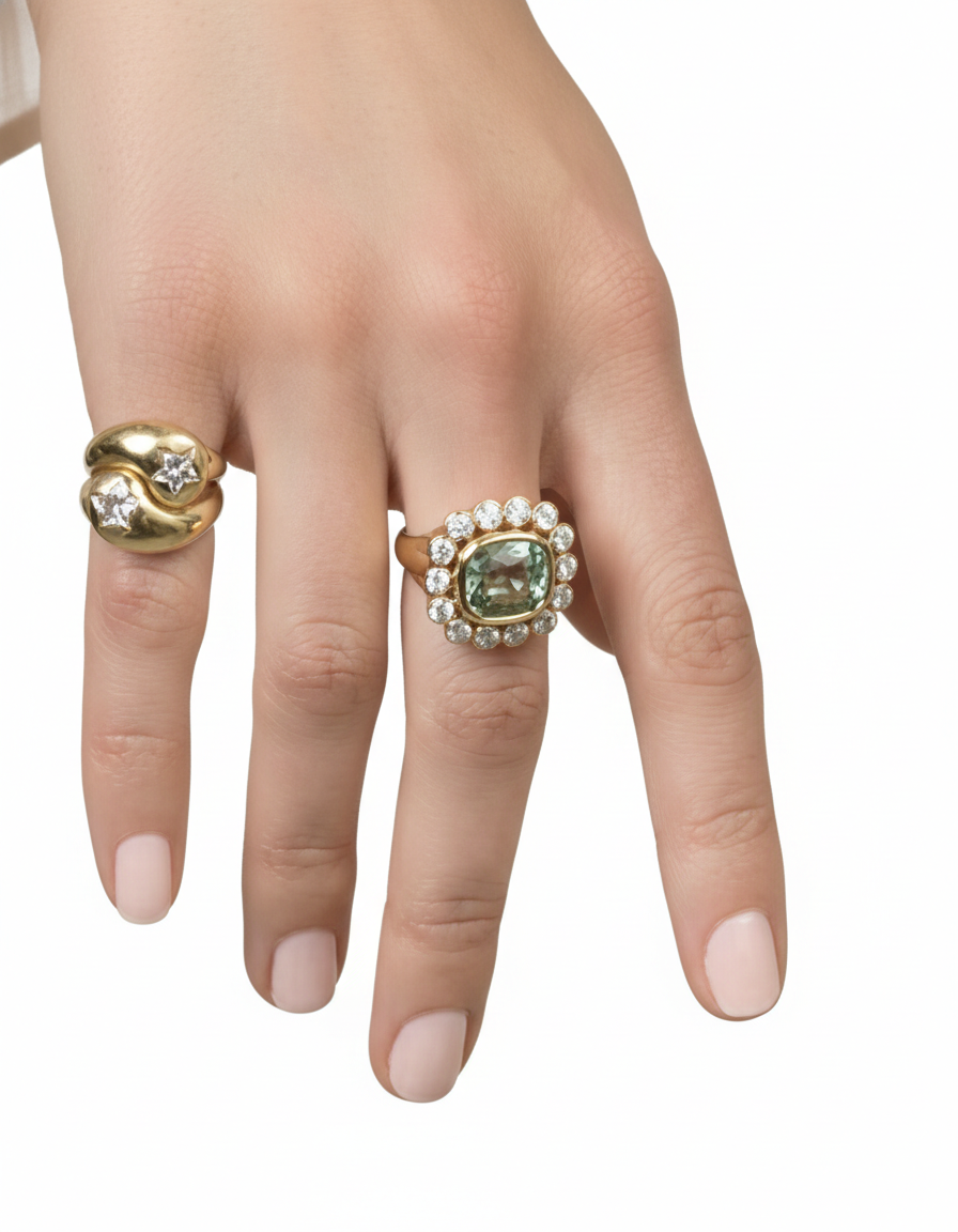 Cushion Green Tourmaline Lab Diamond Cluster Ring in 18K Yellow Gold | Bezel Set Engagement Ring | Victorian Style | Jessica McCormack style | Fred Leighton inspired | Zendaya engagement ring style | Zoe Kravitz jewelry | Georgian Victorian antique inspired jewelry | by Disco Marshmallow | Brent Neale style | cluster ring | two stone ring