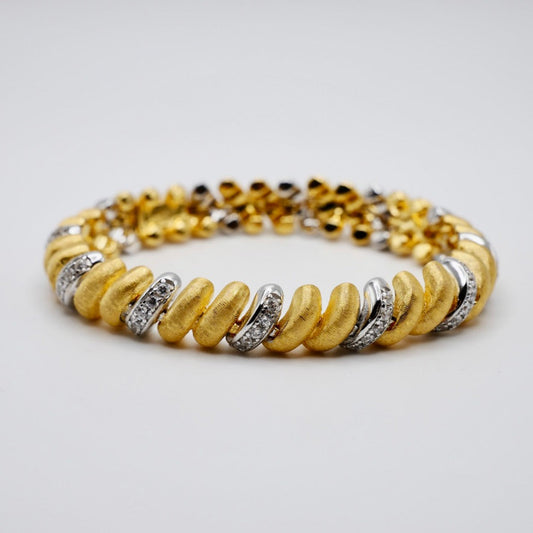 Rigatto Silk Engraved Bracelet in 18K Yellow and White Gold Filled with Moissanites, Italian Inspired Two Tone Gold Cuff, Twisted Gold Band