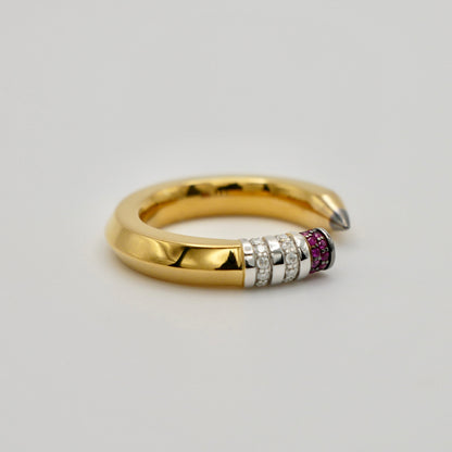 Pencil Ring with Moissanites and Lab Rubies, 18K Gold Filled, view 2