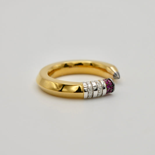 Pencil Ring with Moissanites and Lab Rubies, 18K Gold Filled