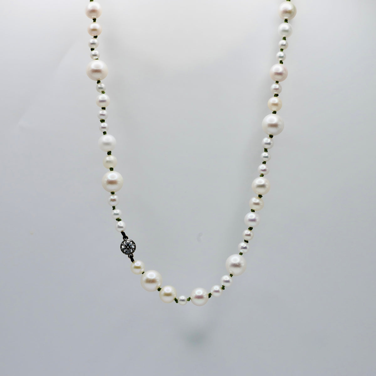 Graduated Freshwater Pearl Necklace with Georgian Set Lab Diamond on Silk Cord, 14K Gold, Ready to Ship