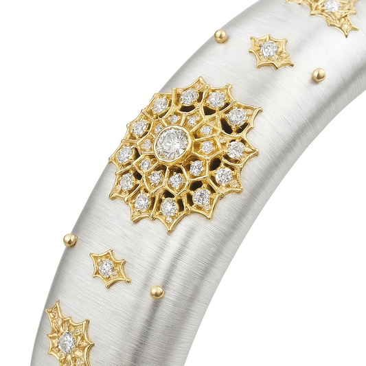 Engraved Fabric Silk Diamond Bangle, 18K Yellow Gold, view 2