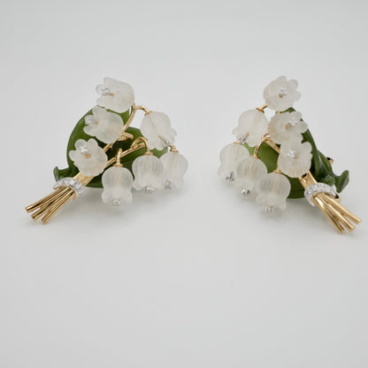 Rock Crystal, Diamond, Nephrite and Lily of the Valley Earrings, Antique Inspired, 18K Gold, view 4