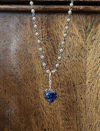 Georgian Victorian Ball Chain Heart Sapphire Pendant, 18K Gold, view 6