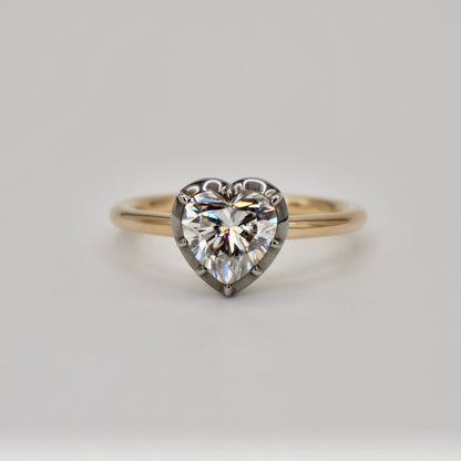 Georgian Victorian Heart Shaped Moissanite and Gold Collet Button Back Ring, 2 Ct