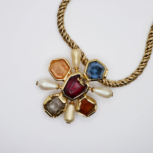 Vintage Chanel Gripoix poured glass Byzantine cross pendant necklace in gold tone